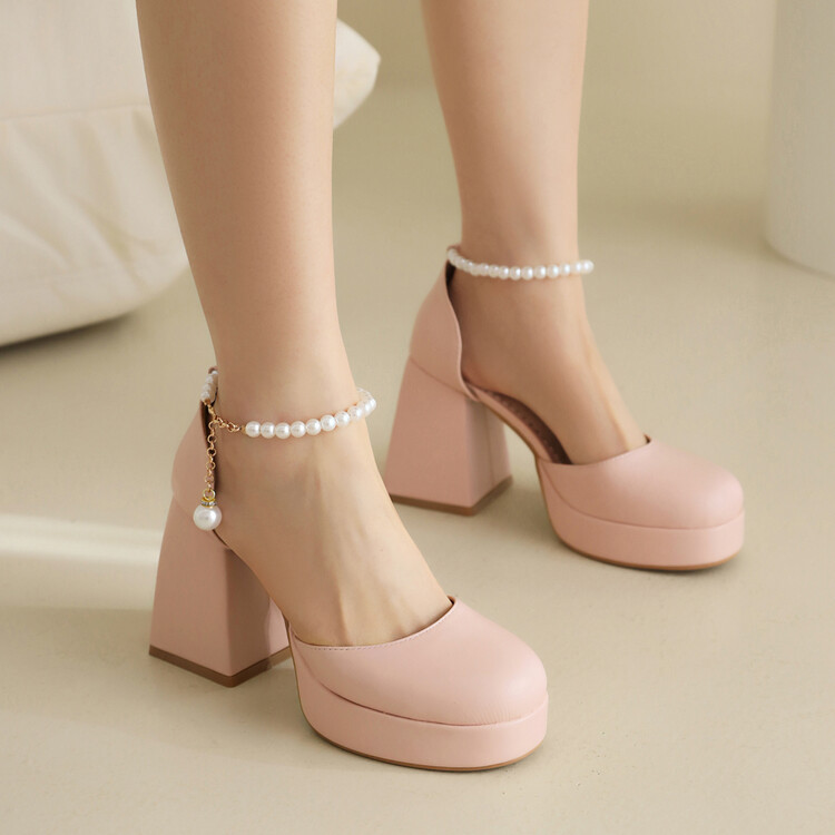 Sweet High Heel Round Toe Ankle Strap Sandals with Beaded Platform