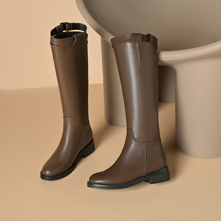 Women's High Shaft Fashion Boots Low Heel Side Zip Round Toe