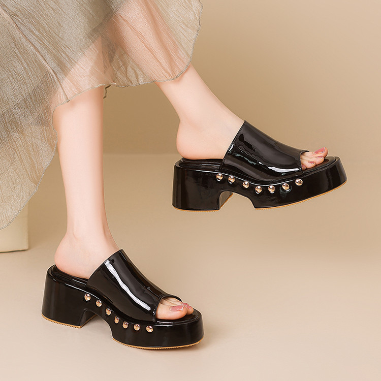Women's High Heel Platform Slide Sandals - Casual Metal Accent