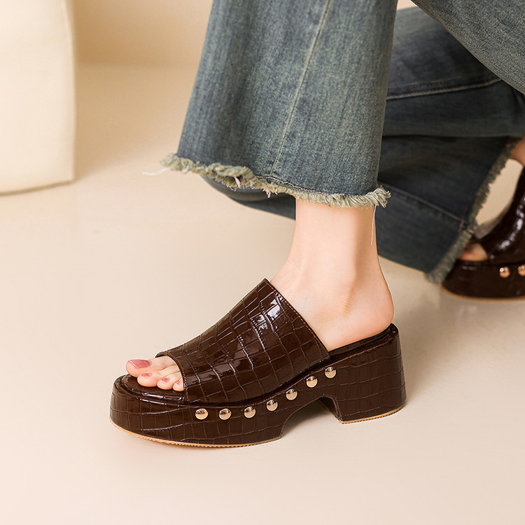 Women's High Heel Platform Slide Sandals - Casual Metal Accent - Image 2