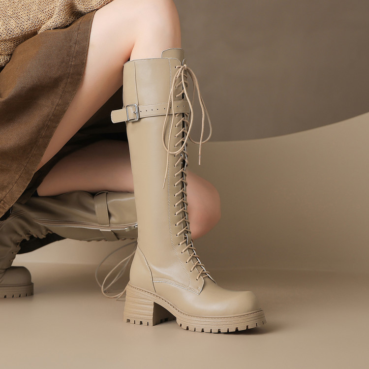 Korean Style High Shaft Martin Boots with Cross Lace-Up and Buckle