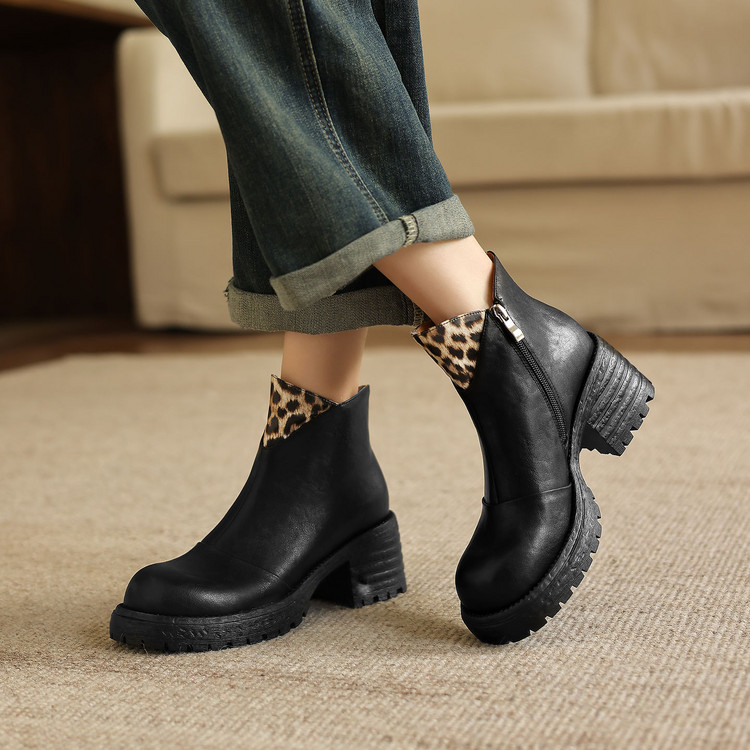 Women's Retro Martin Boots with Color Block Leopard Print Design