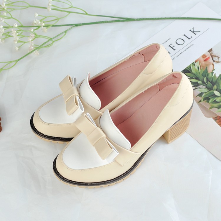 Japanese Style Women's Flat Shoes with Bow and Chunky Mid Heel
