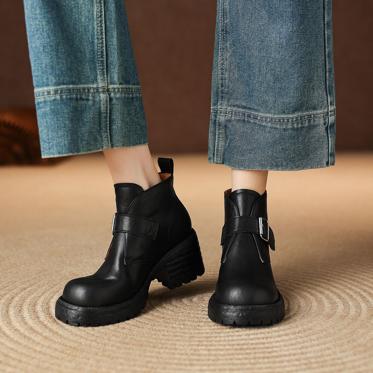 Women's Chunky Heel Martin Boots with Buckle Detail - Style e.html