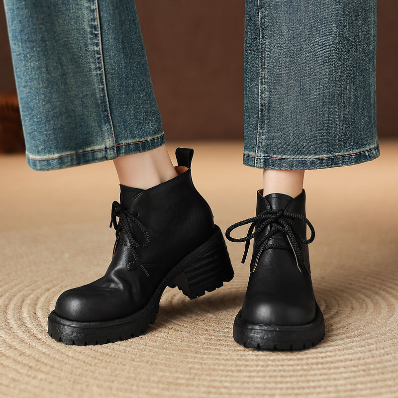 Women's Chunky Heel Martin Boots with Cross Lace-Up and Bow