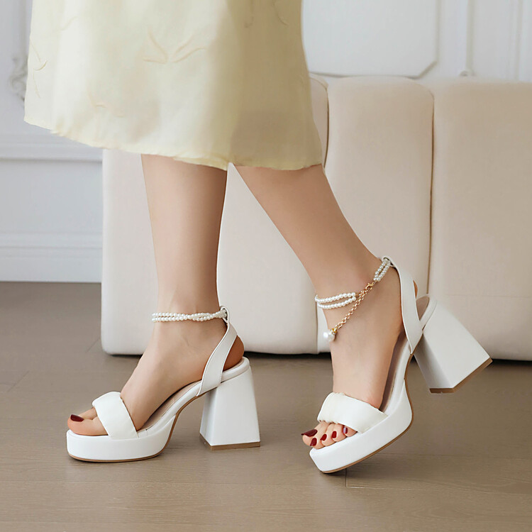 Women's High Heel Sandals with Beaded Pearl Ankle Strap - Image 3