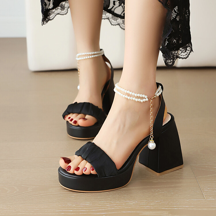 Women's High Heel Sandals with Beaded Pearl Ankle Strap - Image 4