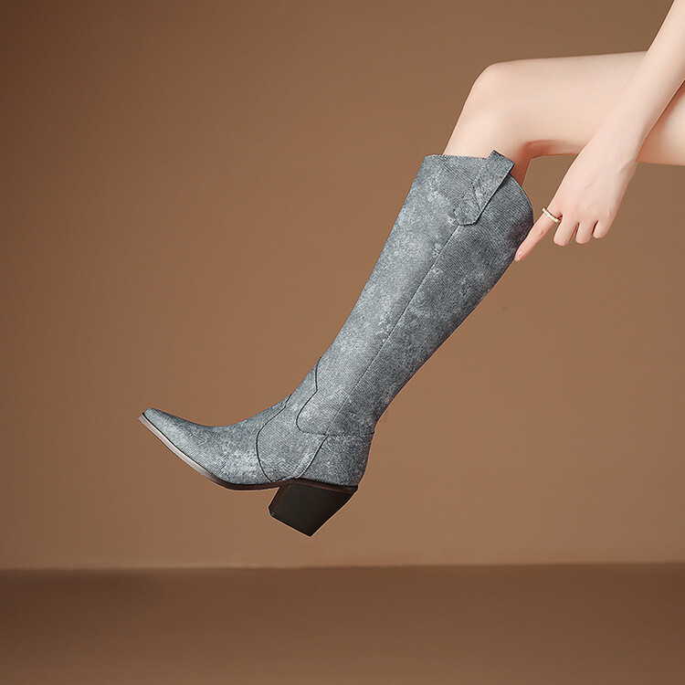 Women's High Heel Western Boots in Blue Denim and Silver - Image 2