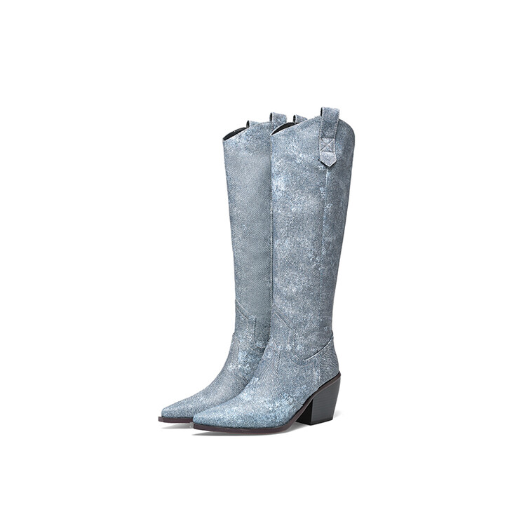 Women's High Heel Western Boots in Blue Denim and Silver - Image 5