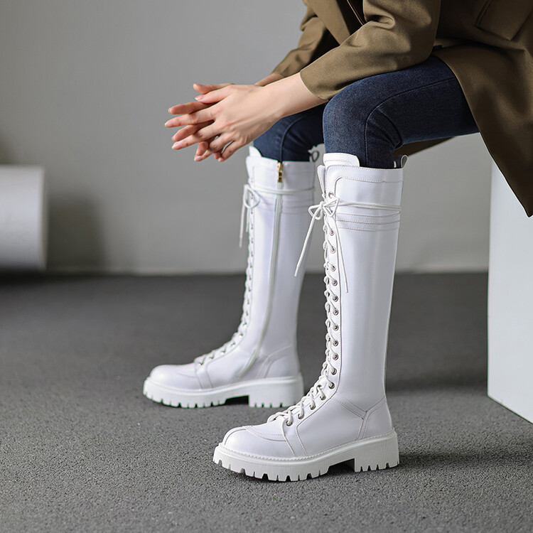 Women's High Shaft Slim Boots Casual Round Toe Side Zip Low Heel