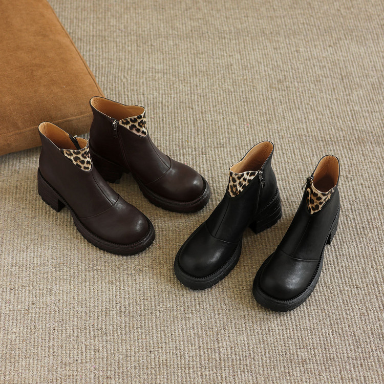 Women's Retro Martin Boots with Color Block Leopard Print Design - Image 3
