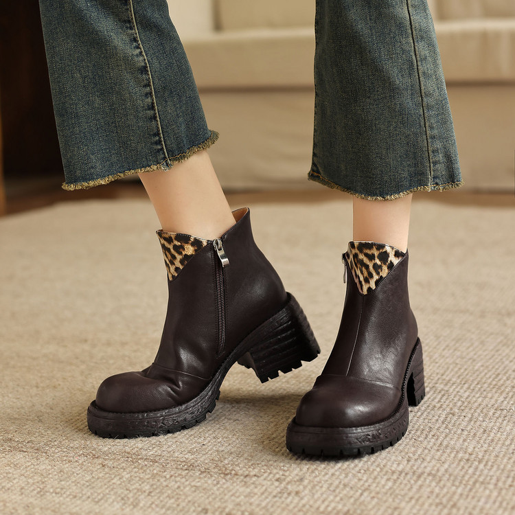 Women's Retro Martin Boots with Color Block Leopard Print Design - Image 4