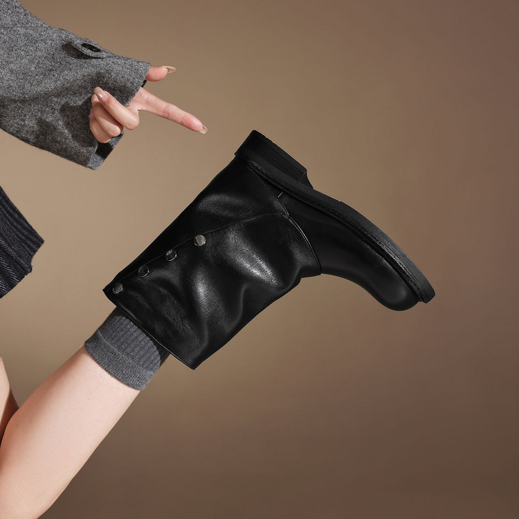 Women's Retro Martin Boots with Low Chunky Heel and Mid-Calf Design