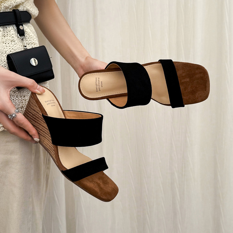 Women's Suede Leather High Heel Wedge Slide Sandals
